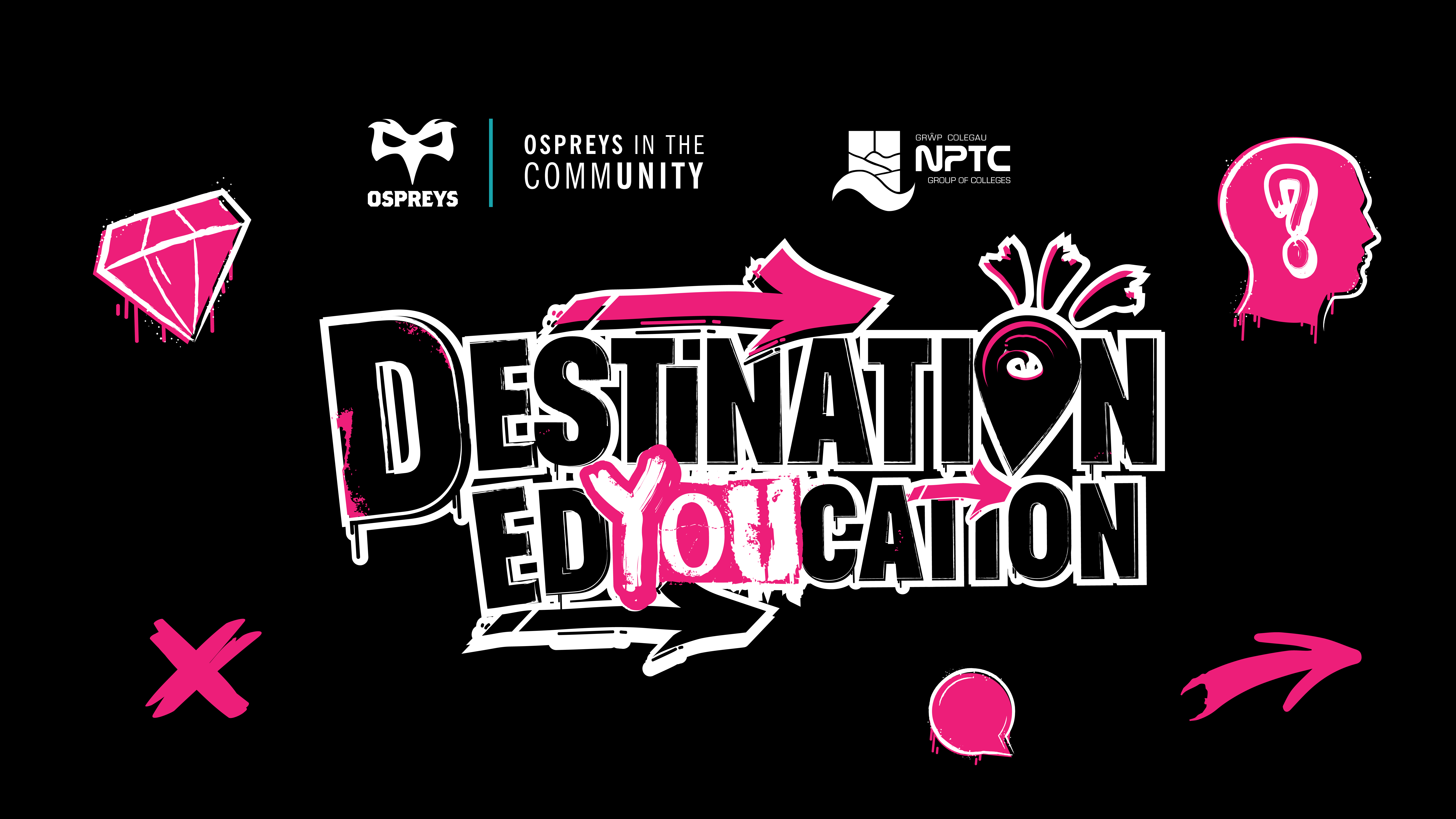 Destination EdYOUCation Logo, alongside Ospreys in the Community Logo, Ospreys Rugby Logo and NPTC's logo. 