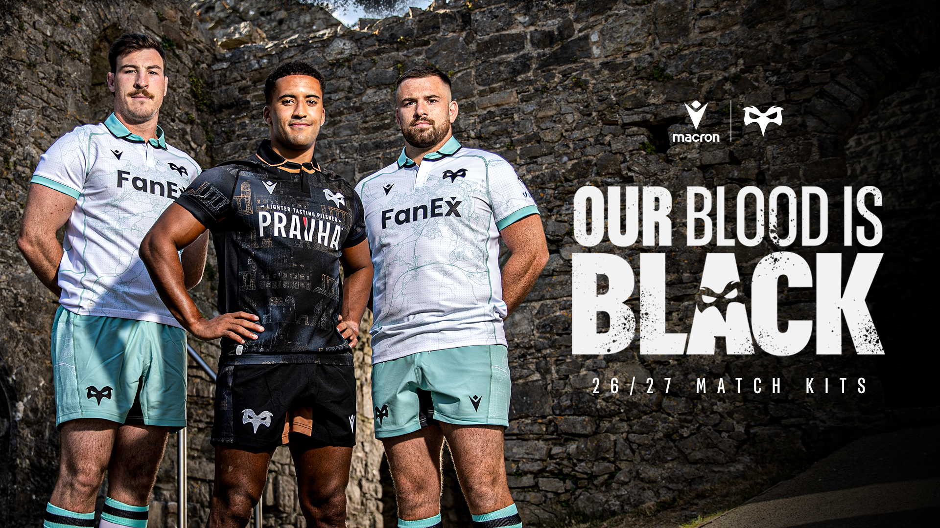 Ospreys 2627 kit launch at Oystermouth Castle. Ryan Smith, Keelan Giles and Morgan Morris stand in the castle in the new kits. The text says, our blood is black