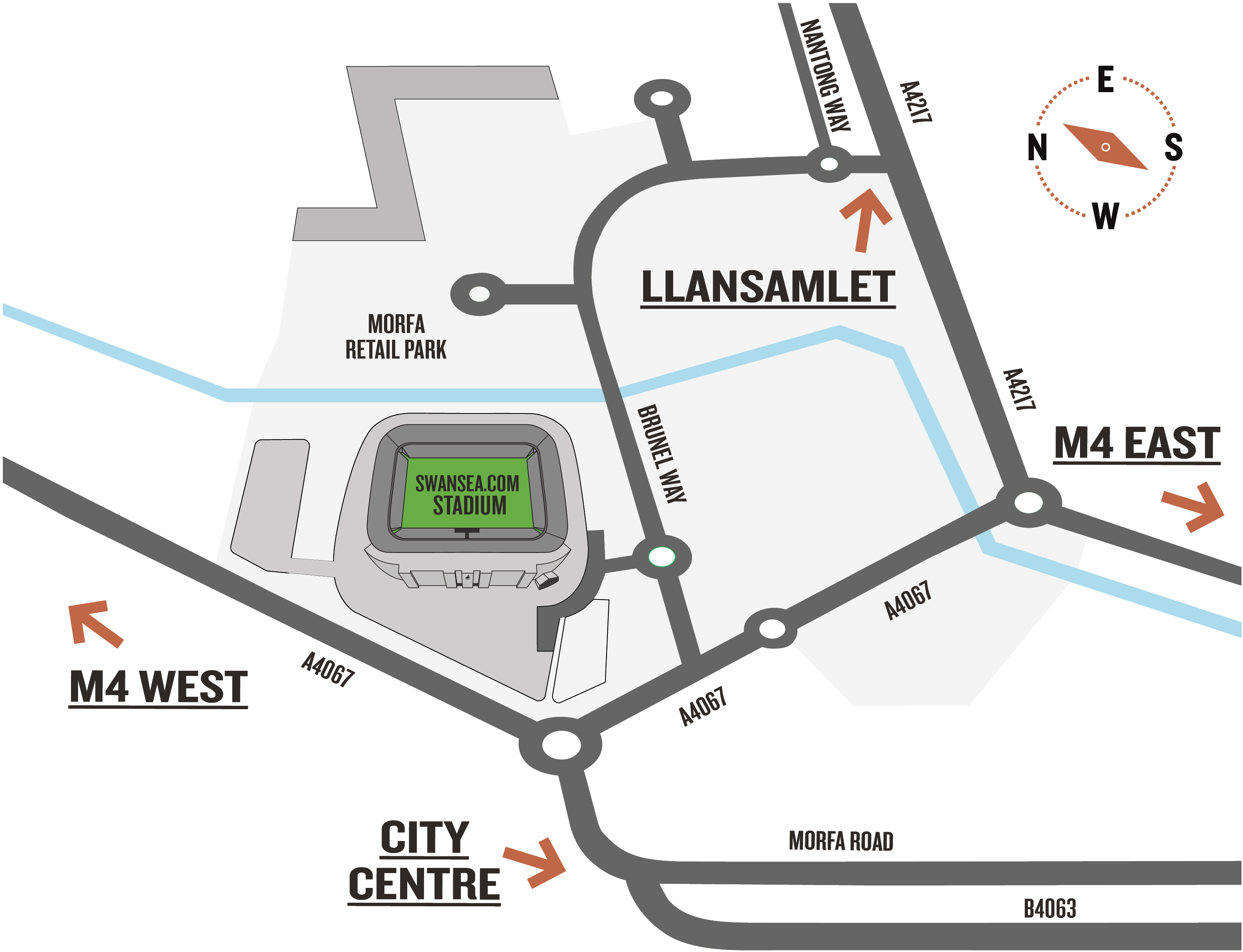 A map of the roads around the Swansea.com stadium