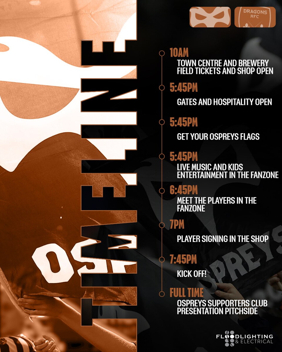 Whats on at Ospreys vs Dragons at the Electric Brewery Field, sponsored by Floodlighting & Electrical