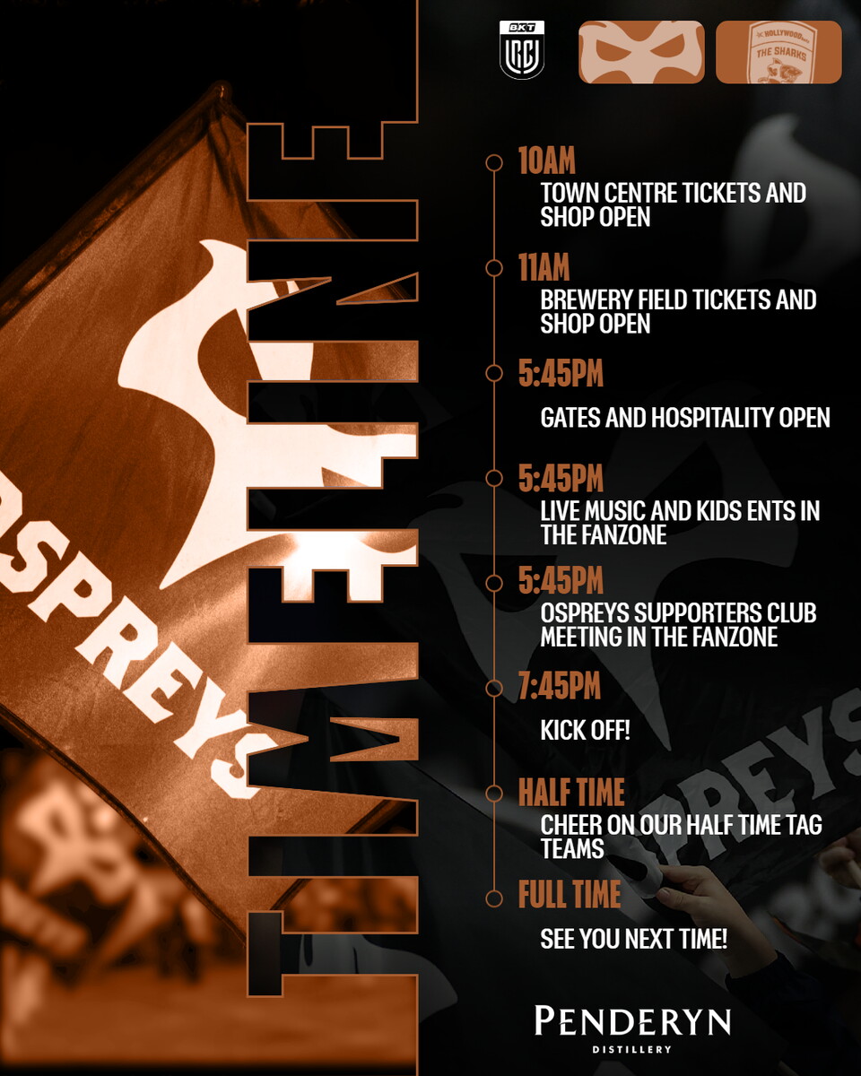 Timeline of activities at the Electric Brewery Field for Ospreys vs Hollywoodbets Sharks 
