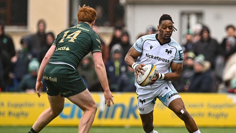 Dan Kasende on the ball for Ospreys vs Connacht at the Dexcom Stadium in their BKT URC fixture 2026 