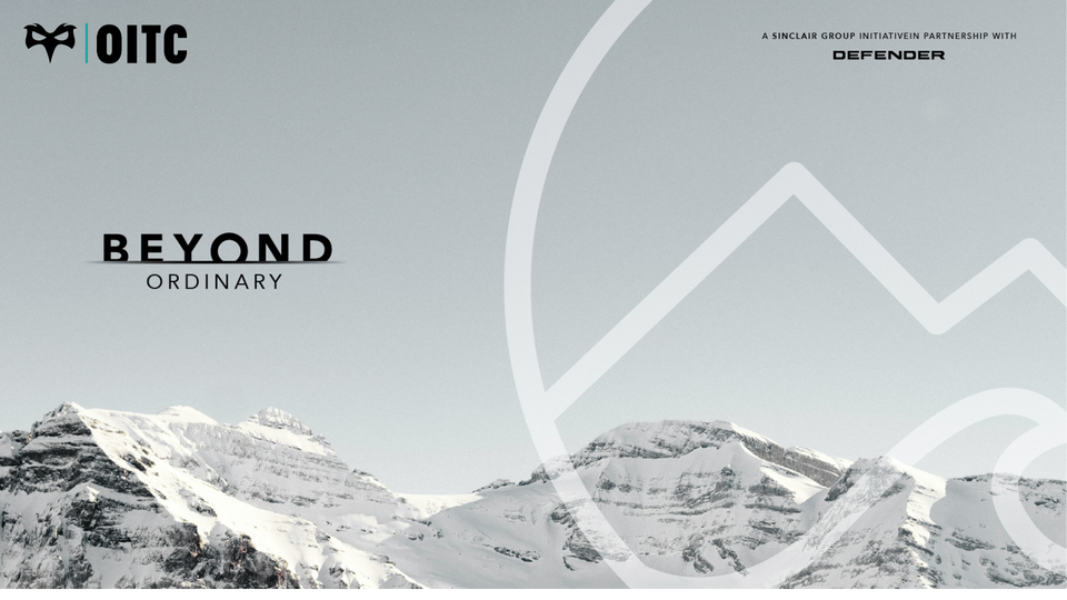 Bayond Ordinary, Sinclair Land Rover and Ospreys in the Community (oitC) logos on a back drop of a snowy white mountain 