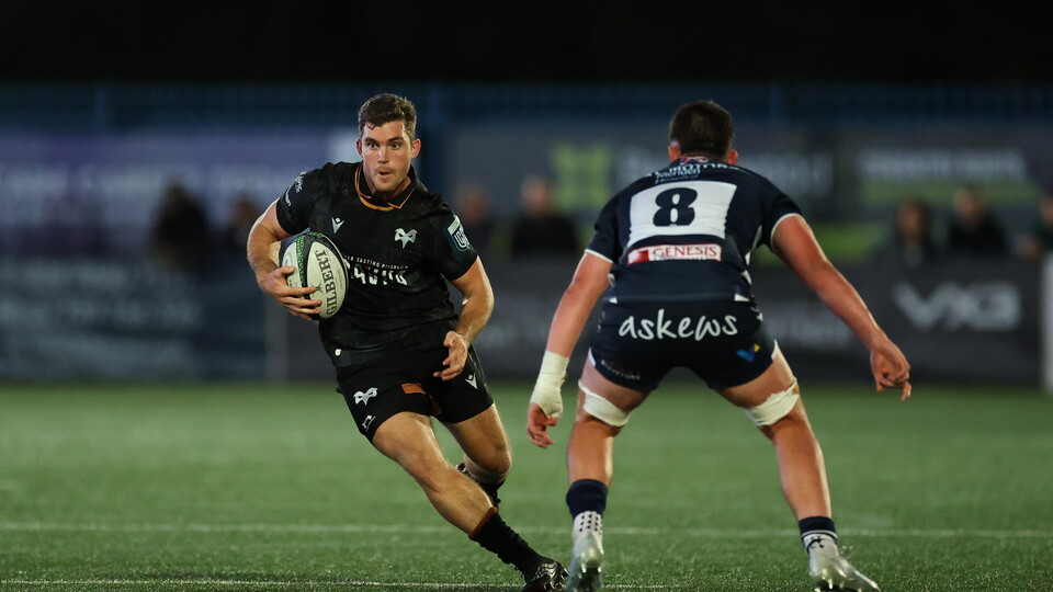Lawson Creighton carries the ball for the Ospreys in a pre-season friendly against Coventry Rugby Club at the Nick Newbold Stadium 