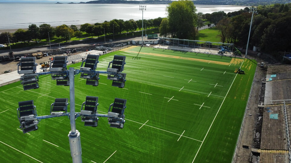 An aerial shot over the floodlights, showing the new pitch, foundations at St Helen's as Ospreys redevelop the ground 