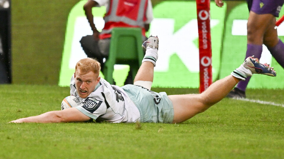 Iestyn Hopkins slides over the line to score a try fro the Ospreys against the Sharks at Hollwoodbets Kings Park in Round One of the 26/27 BKT United Rugby Championship