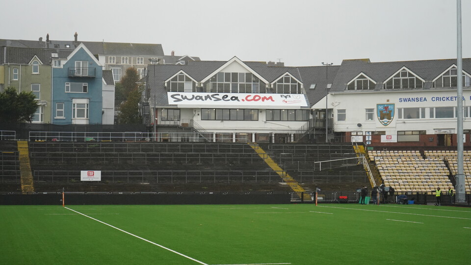 swansea.com branding across the roof of St Helen's stadium in Swansea