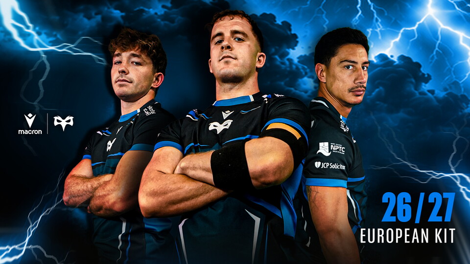 Dan Edwards, Morgan Morse and Lalakai Foketi pose in Ospreys' striking new black and blue Macron superhero jersey for the 2627 European Jersey