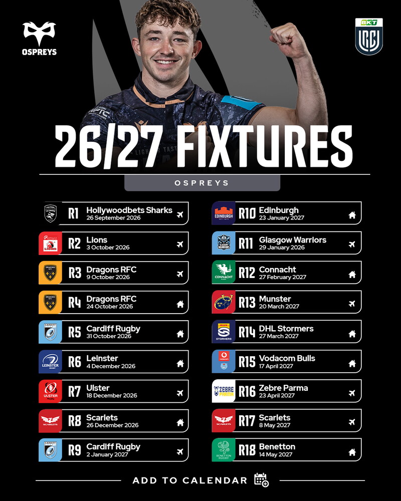 Ospreys 26/27 Fixtures