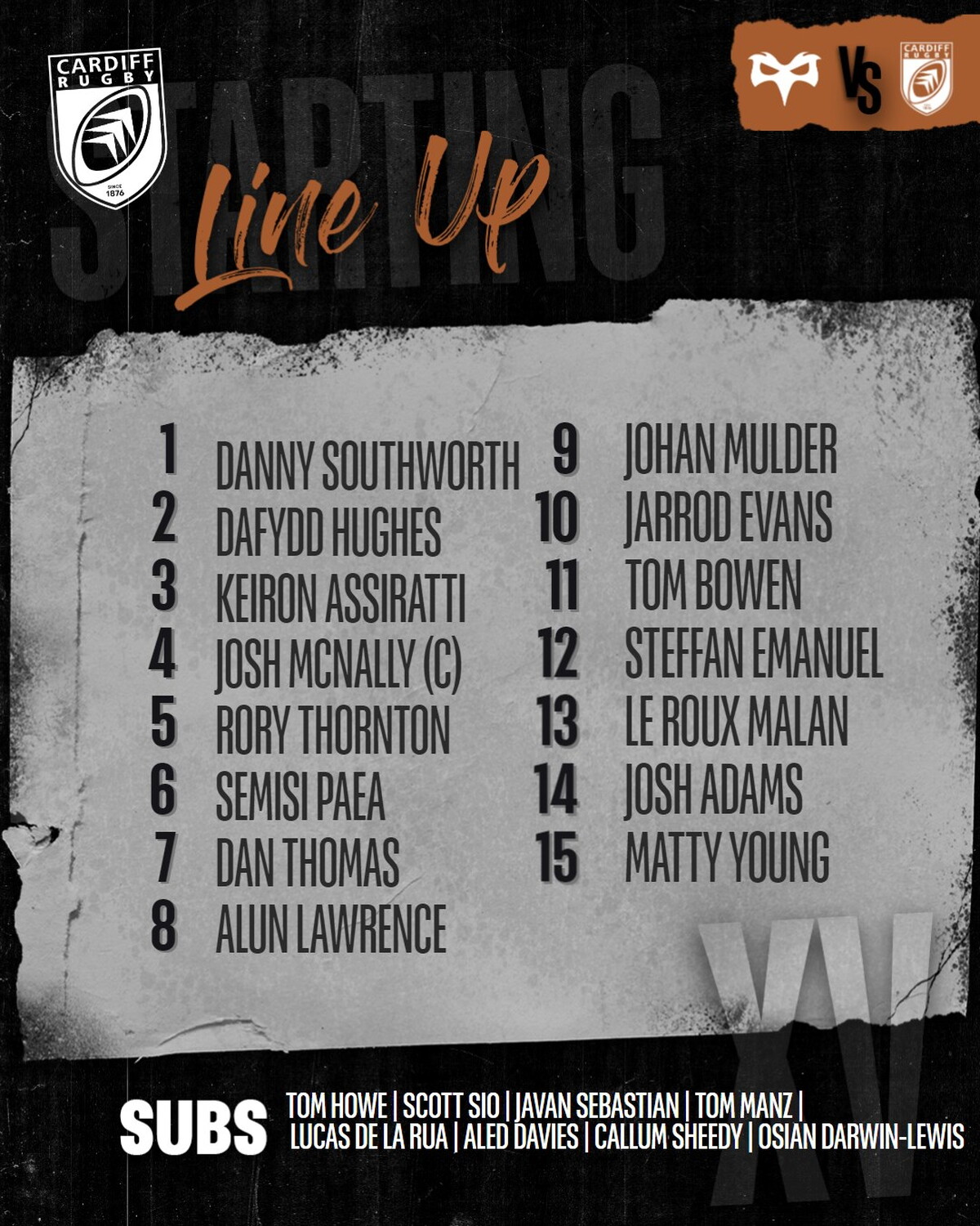Cardiff name team to face Ospreys at St Helen's 